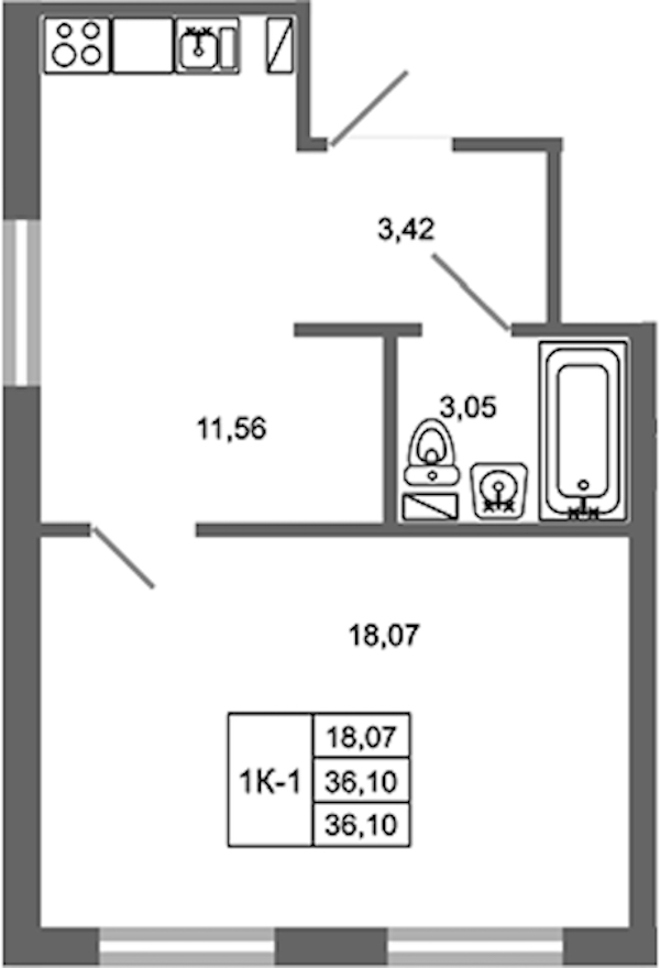 1-комнатная квартира 36.1 м², 4/17 эт., ЖК «Стороны Света 2»